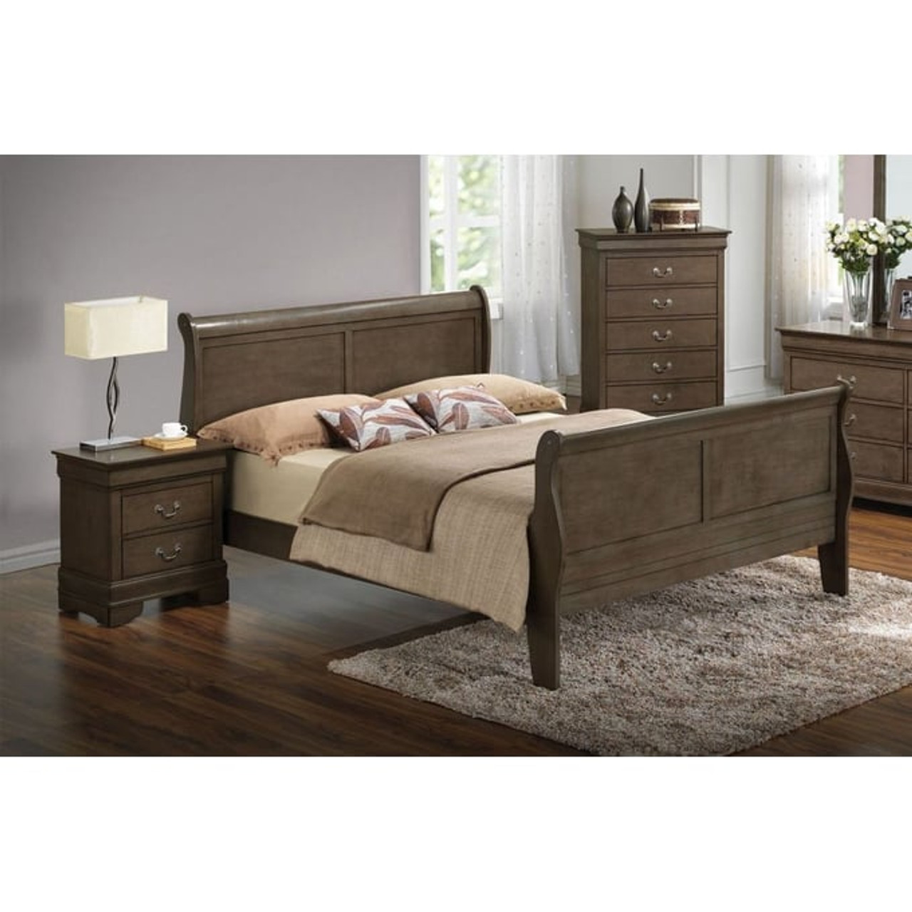 Glory Furniture Louis Phillipe Queen Sleigh Bed in Gray