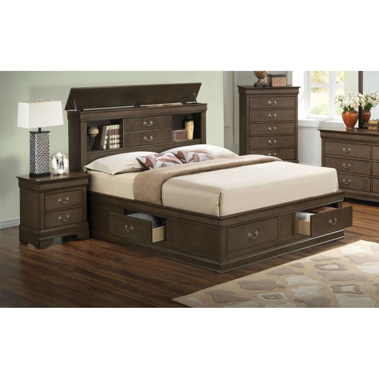 Glory Furniture Louis Phillipe Full Storage Bed in Gray