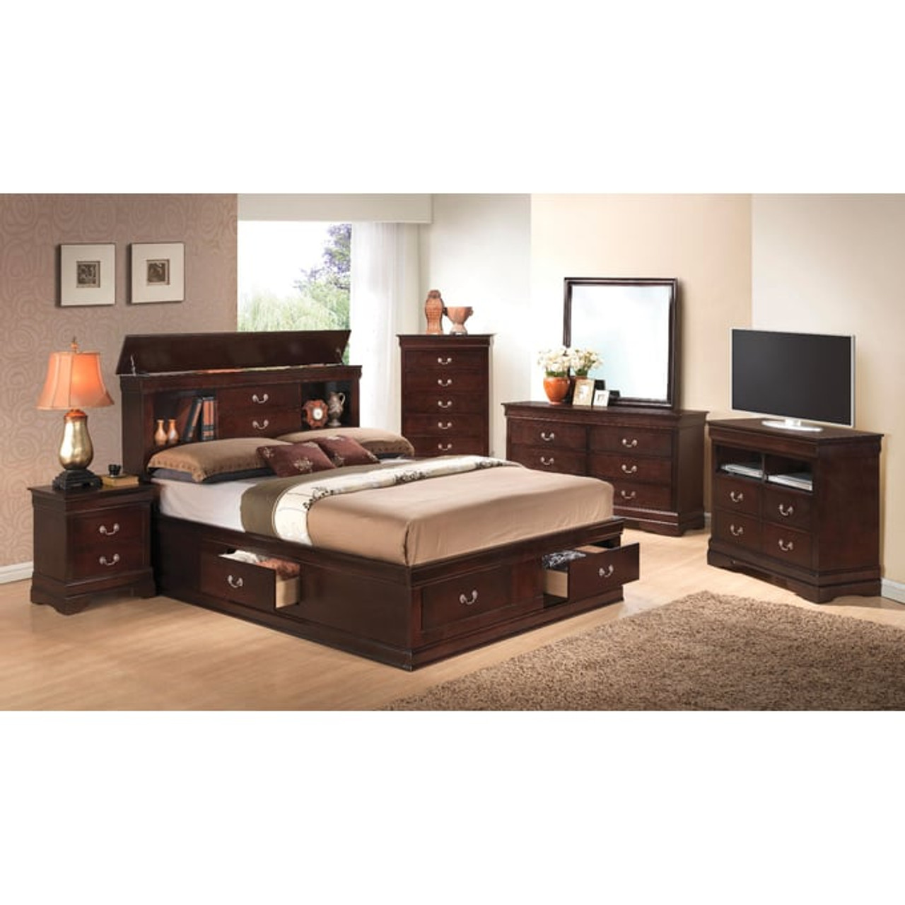 Glory Furniture Louis Phillipe Cappuccino 4pc Bedroom Set With Queen  Bookcase Storage Bed - Miko Decor