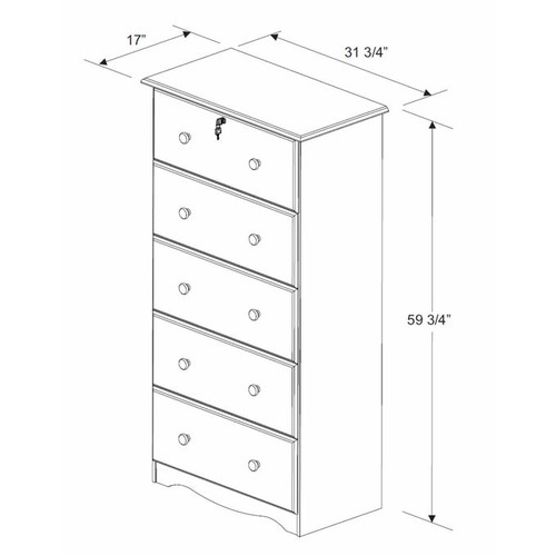 Palace Imports White Solid Wood 5 Jumbo Drawer Chests with Lock