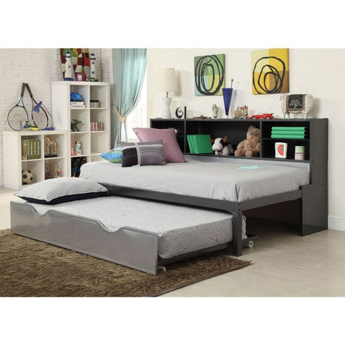 Acme Furniture Renell Black Silver Twin Bed with Bookcase and Trundle