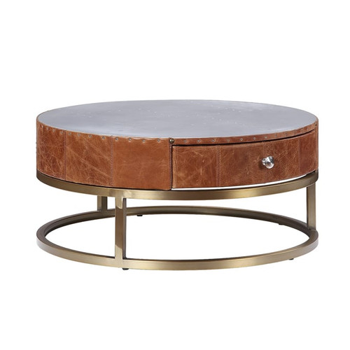 Acme Furniture Tamas Cocoa Leather Aluminum Drawer Coffee Table
