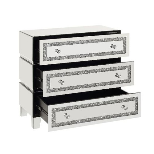 Acme Furniture Noor Mirrored Faux Diamonds 3 Drawers Cabinet