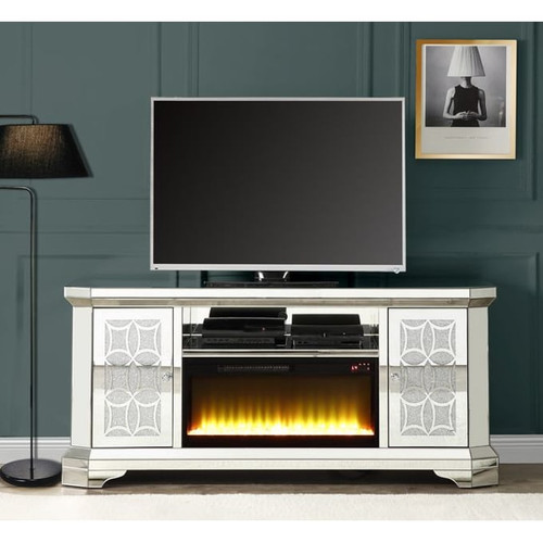 Acme Furniture Noralie Mirrored TV Stand with Fireplace with 2 Doors