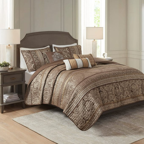 Olliix Madison Park Bellagio Brown Gold Jacquard Coverlet 6pc Sets