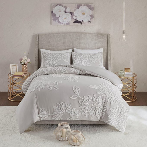 Olliix Madison Park Veronica Grey White 3pc Tufted Comforter Sets