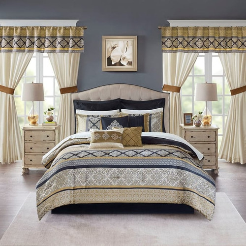 Olliix Madison Park Essentials Windsor Black Gold Jacquard 24pc Comforter Sets