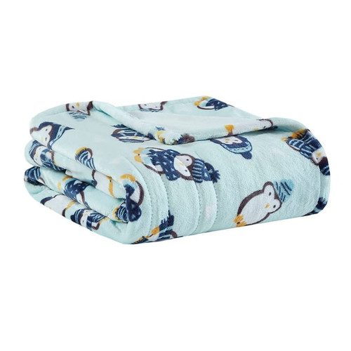 Olliix Beautyrest Oversized Plush Aqua Penguins Printed Heated Throw