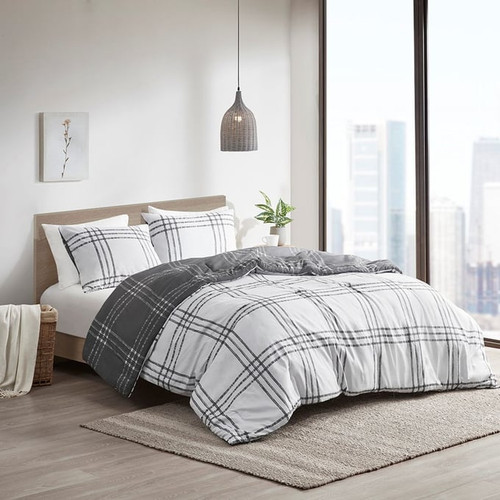 Olliix Clean Spaces Pike White Gray 3pc Plaid Reversible Comforter Sets