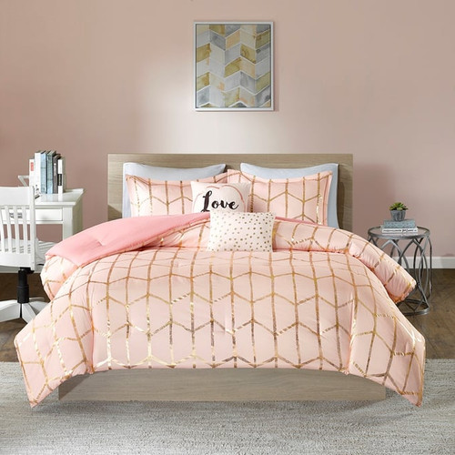 Olliix Intelligent Design Raina Blush Gold Metallic Printed Comforter Sets