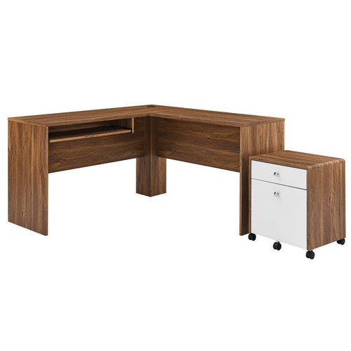 Modway Furniture Transmit Walnut White Wood Desk and File Cabinet Set