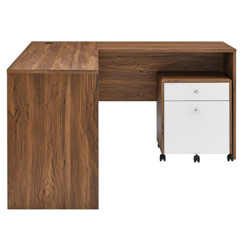 Modway Furniture Transmit Walnut White Wood Desk and File Cabinet Set