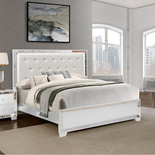 Bella Esprit Belisa White Faux Leather Queen Bed with LED Lightning
