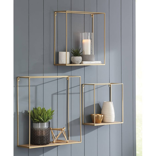Ashley Furniture Efharis Natural Gold 3pc Wall Shelf Set