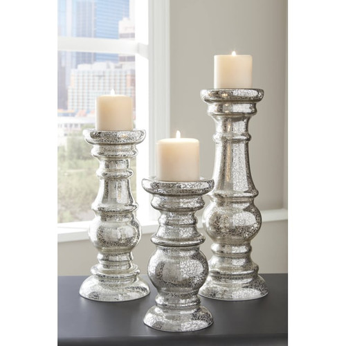 Ashley Furniture Rosario Silver Glass 3pc Candle Holder Set