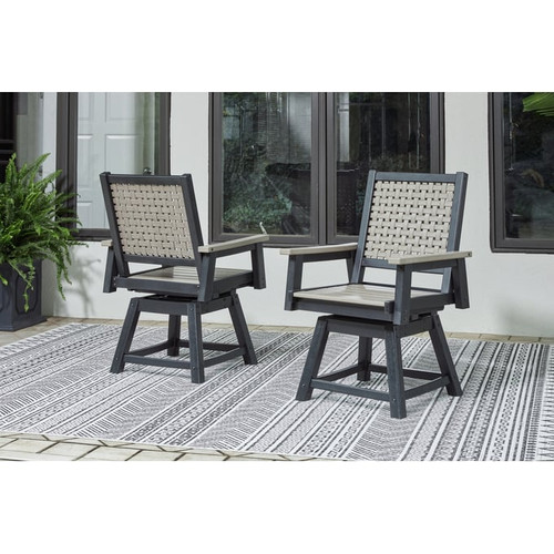 2 Ashley Furniture Mount Valley Driftwood Black Swivel Outdoor Dining Chairs