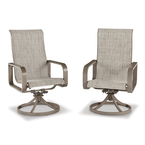 2 Ashley Furniture Beach Front Beige Outdoor Dining Sling Swivel Chairs
