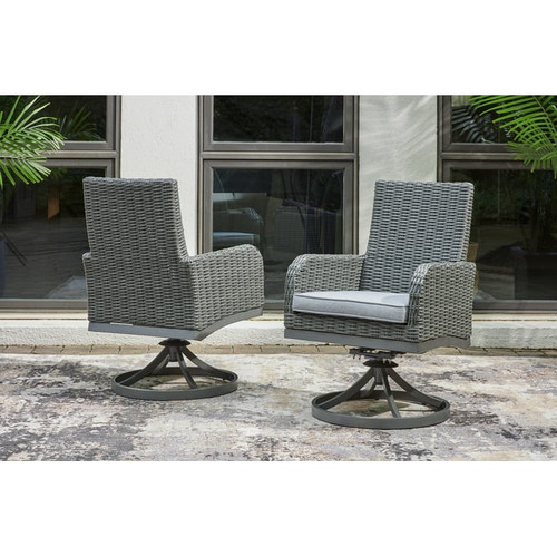 2 Ashley Furniture Elite Park Gray Swivel Outdoor Dining Chairs With Cushion