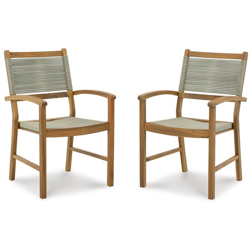 2 Ashley Furniture Janiyah Light Brown Wood Outdoor Dining Arm Chairs