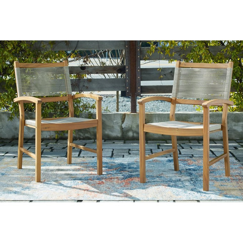 2 Ashley Furniture Janiyah Light Brown Wood Outdoor Dining Arm Chairs