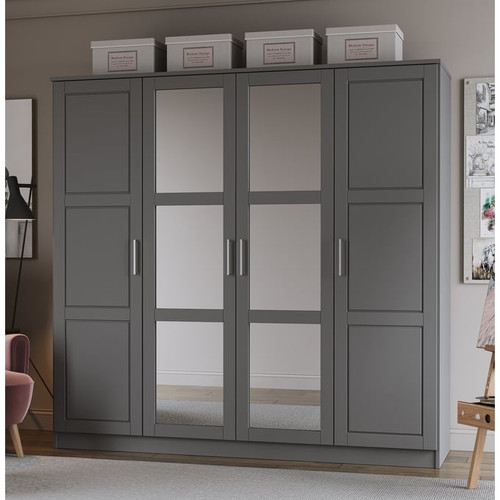 Palace Imports Cosmo Gray 4 Mirrored Door Wardrobe With 6 Shelves