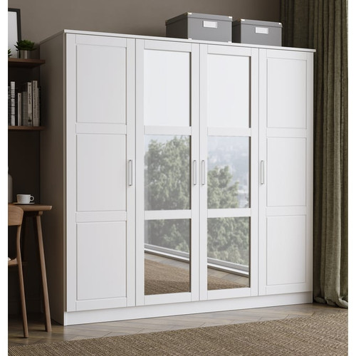 Palace Imports Cosmo White 4 Mirrored Door Wardrobe With 6 Shelves