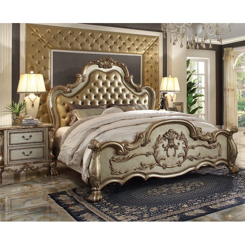 Acme Furniture Dresden Bone Gold Patina 2pc Bedroom Set With Leather Queen Bed