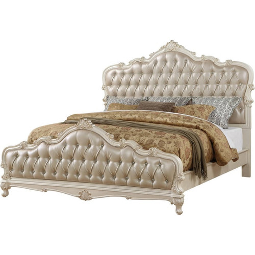 Acme Furniture Chantelle Rose Gold Pearl White 2pc Bedroom Set With Leather King Bed