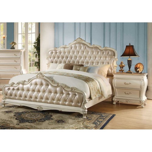 Acme Furniture Chantelle Rose Gold Pearl White 2pc Bedroom Set With Leather Queen Bed