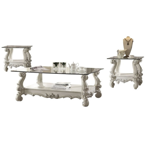 Acme Furniture Versailles Clear Bone White 3pc Coffee Table Set