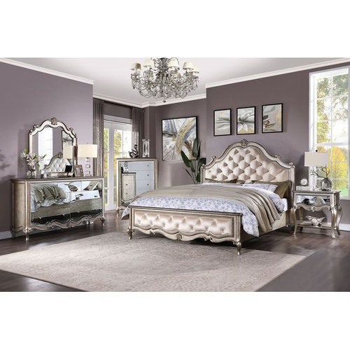 Acme Furniture Esteban Ivory Antique Champagne 2pc Bedroom Set with King Bed