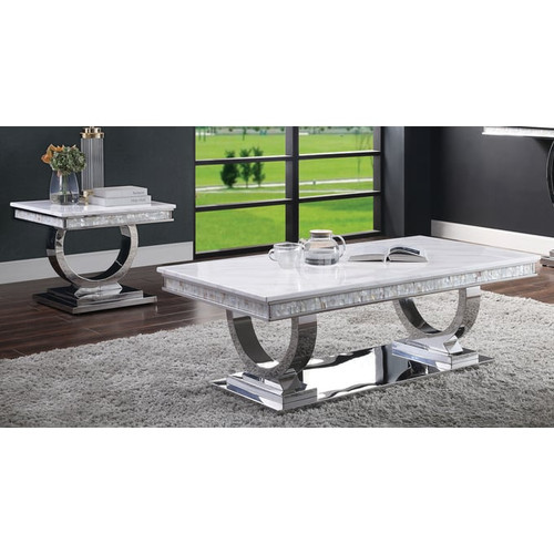 Acme Furniture Zander White Mirrored Silver 3pc Coffee Table Set