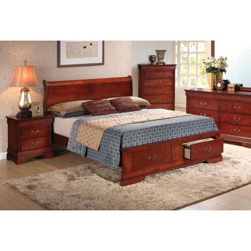 Glory Furniture Louis Phillipe Cherry Queen Storage 4pc Bedroom Set With Two Drawer Nightstand