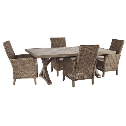 Ashley Furniture Beachcroft Beige 5pc Outdoor Dining Set With Arm Chair