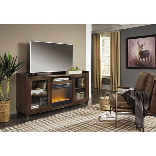 Ashley Furniture Starmore Brown XL TV Stand With Fireplace Insert Glass Stone