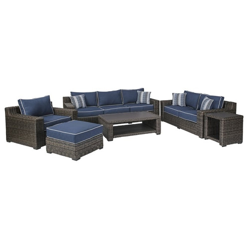 Ashley Furniture Grasson Lane Brown Blue 6pc Outdoor Seating Set