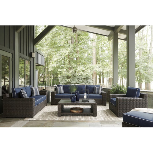 Ashley Furniture Grasson Lane Brown Blue 6pc Outdoor Seating Set