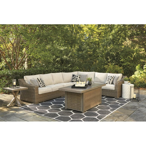 Ashley Furniture Beachcroft Beige 6pc Outdoor Sectional With Fire Pit Table