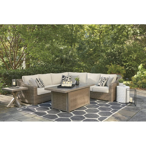 Ashley Furniture Beachcroft Beige 5pc Sectional With Fire Pit Table