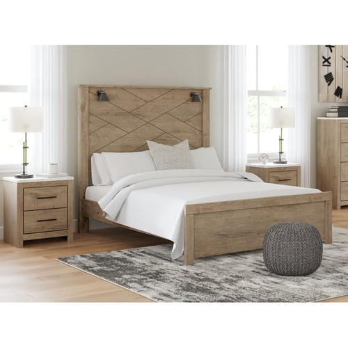 Ashley Furniture Senniberg Light Brown 2pc Bedroom Set With Queen Panel Lights Bed