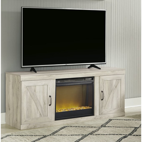 Ashley Furniture Bellaby Whitewash TV Stand With Glass Stone Fireplace