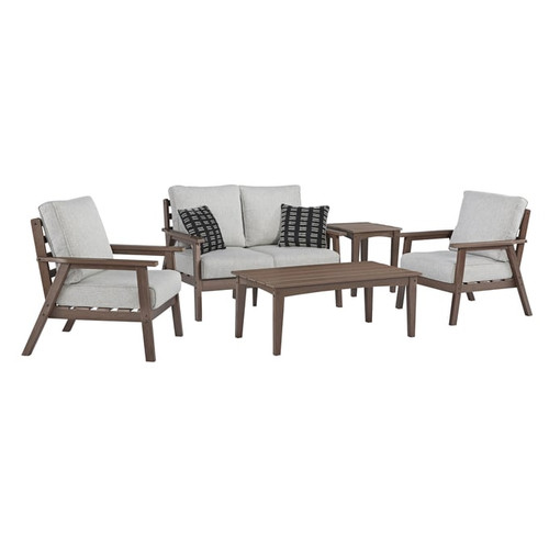 Ashley Furniture Emmeline Beige Brown 5pc Outdoor Seating Set With Loveseat