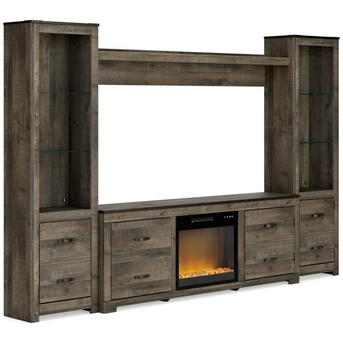 Ashley Furniture Trinell Brown 4pc Entertainment Center With Fireplace Insert Glass Stone