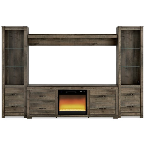 Ashley Furniture Trinell Brown 4pc Entertainment Center With Fireplace Insert Glass Stone