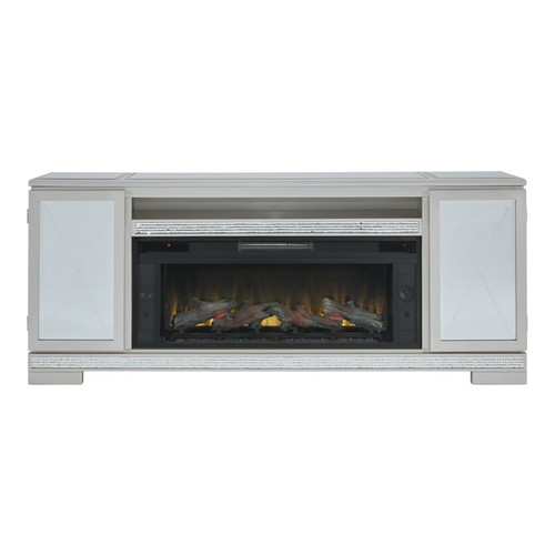 Ashley Furniture Flamory Silver 72 Inch TV Stand With Electric Fireplace