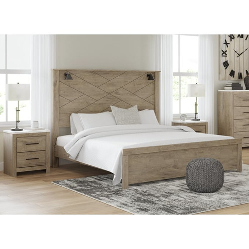 Ashley Furniture Senniberg Light Brown 4pc Bedroom Set With King Panel Lights Bed