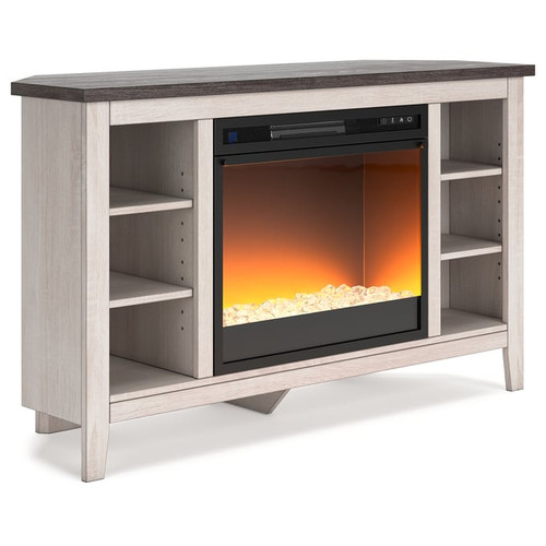 Ashley Furniture Dorrinson Gray Antiqued White Corner TV Stand With Insert Glass Stone