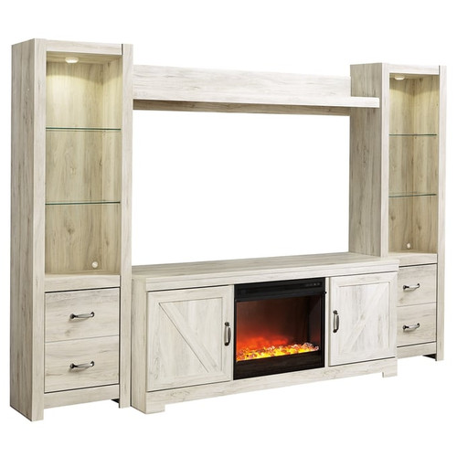 Ashley Furniture Bellaby Whitewash Wood 4pc Entertainment Center With Fireplace Insert Glass Stone