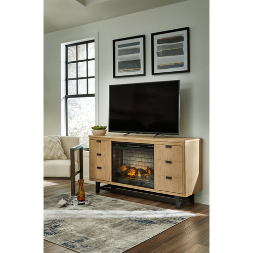 Ashley Furniture Freslowe Light Brown Black TV Stand With Electric Fireplace