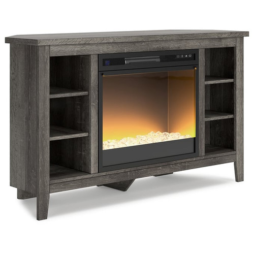 Ashley Furniture Arlenbry Gray Corner TV Stand With Fireplace Insert Glass Stone